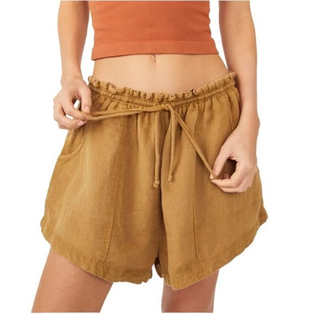 Free People Mirella Linen & Cotton Drawstring Shorts in Olive‎ Green Size S